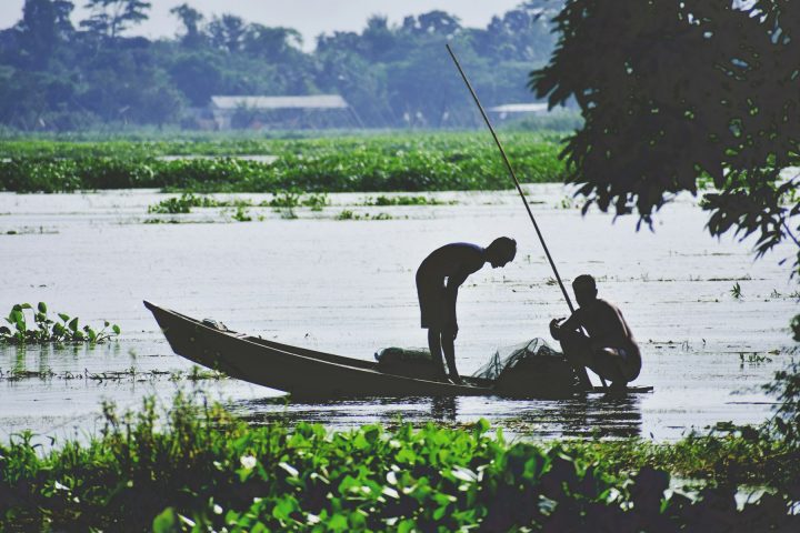 বন্যার নদীতে নৌকায় জেলে